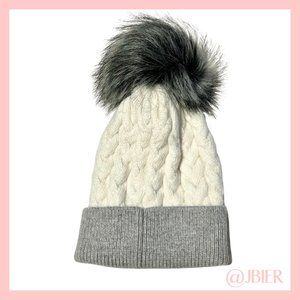 Adrienne Landau Cable Knit Beanie with Faux Fur Pom in White
